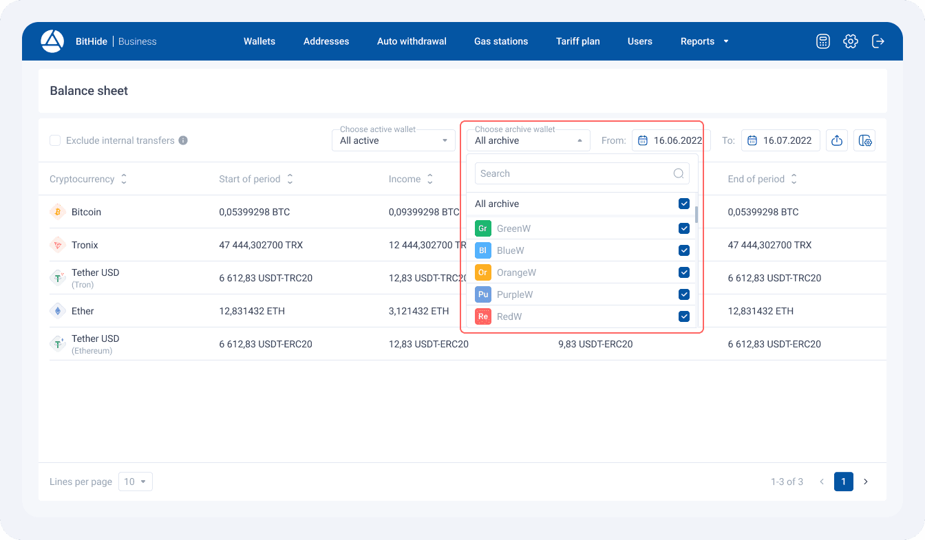 Field for selecting archive wallets with drop-down list